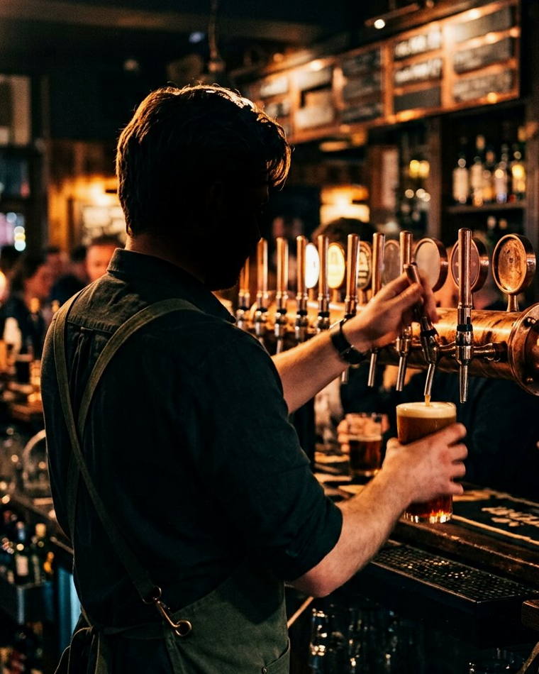Sergio alla spina, mentre spillatura una birra